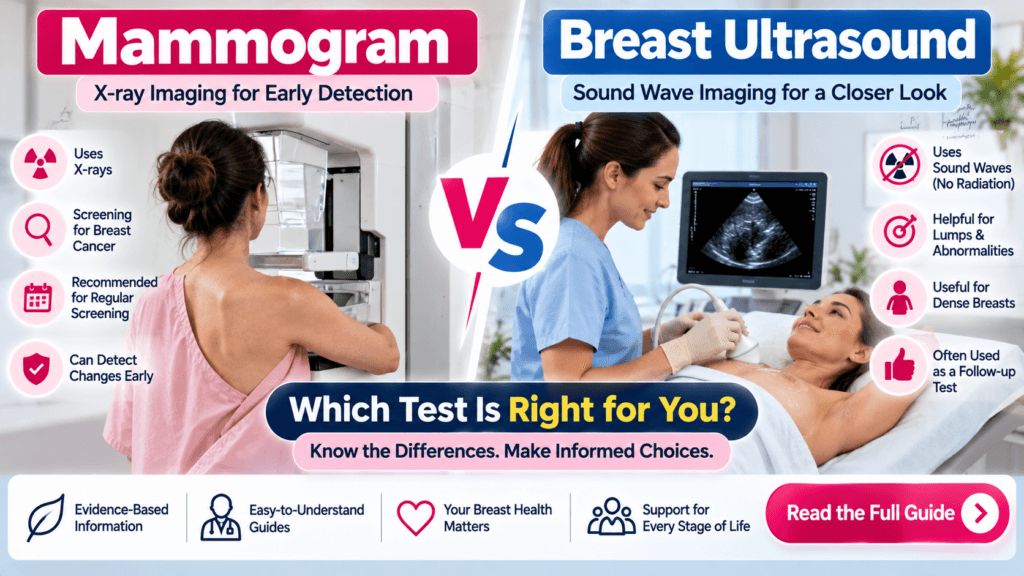 Mammogram vs Breast Ultrasound: What’s the Difference? Mammogram vs breast ultrasound showing the differences between two breast imaging tests