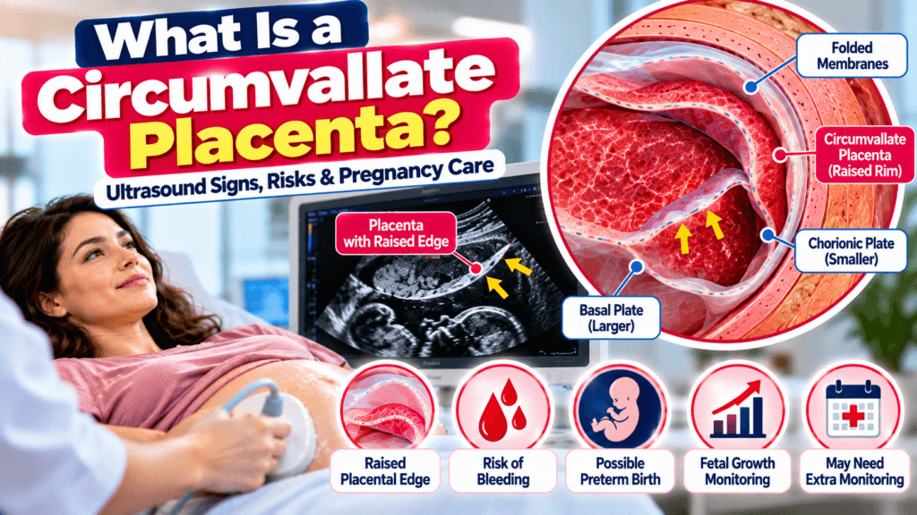 Circumvallate placenta on ultrasound showing a raised placental edge and shelf-like membrane