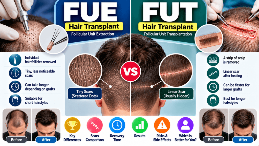 FUE vs FUT Hair Transplant: Differences, Benefits & Risks fue vs fut hair transplant guide